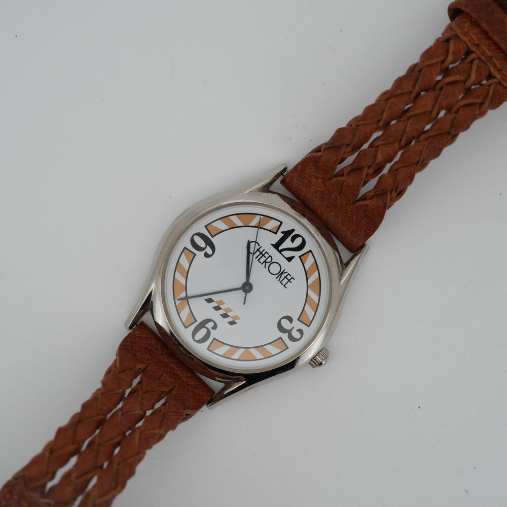 Vintage Cherokee Quartz Watch White Dial 33mm Case Braided Brown Leather Strap